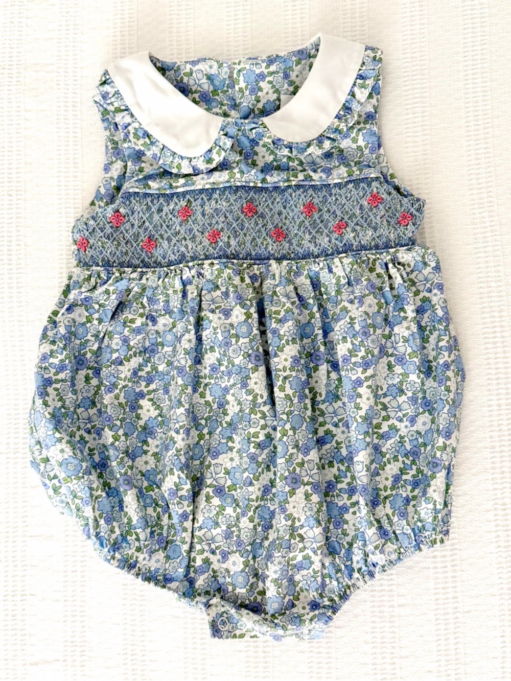 Baby Girls Blue Floral Smocked One-Piece Romper